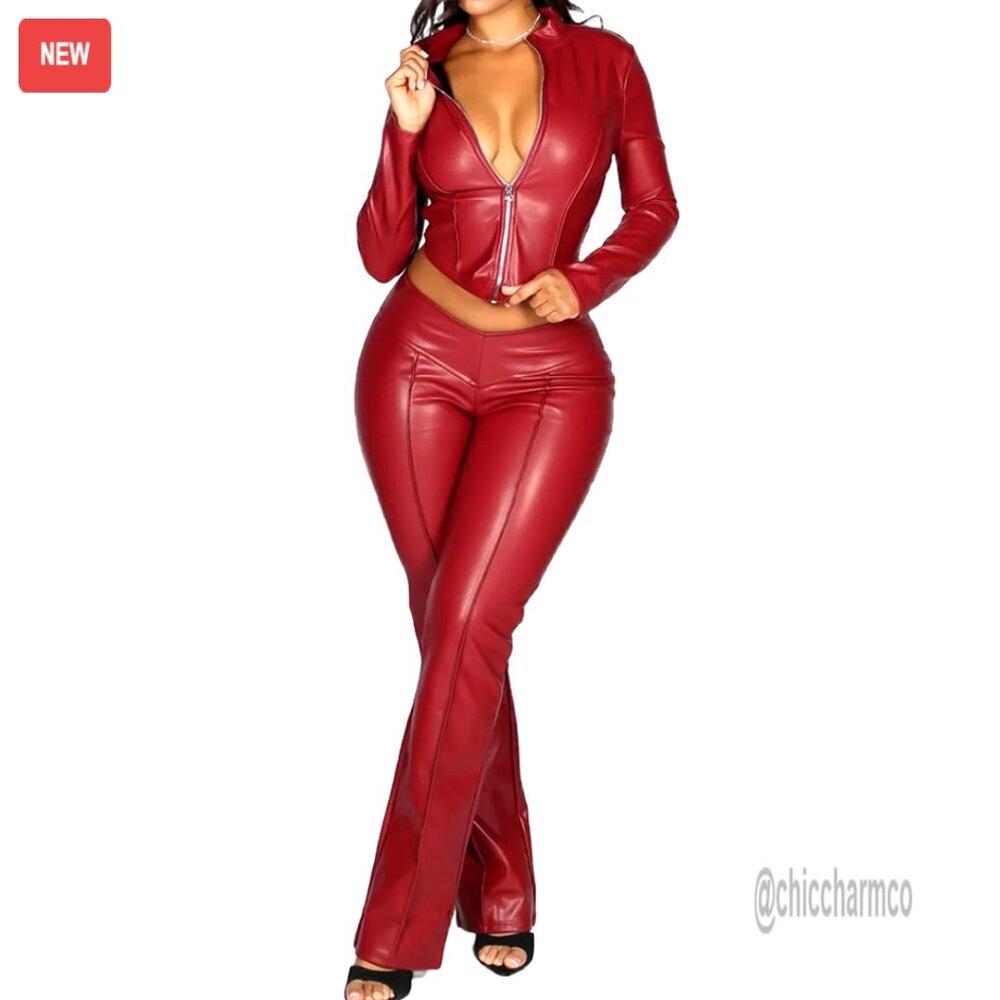 Faux Leather PU Jacket and Flare Pants 2 Piece Set